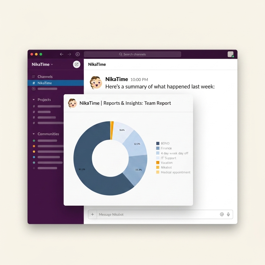 NikaTime Reports & Insights showing Team Report for June 2024 with project distribution donut chart in the web app